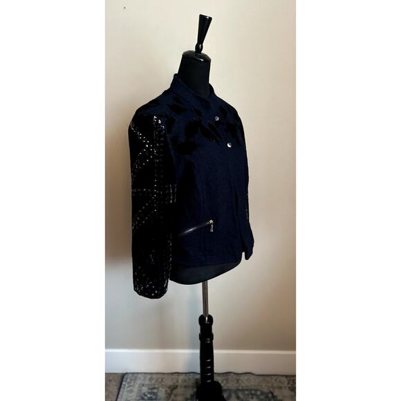 CHICOS Black Label Women's Cut Wool Blend Studded Navy & Black Blazer Size 12 - Picture 3 of 9
